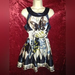 Floral and Butterfly Patterned Sleeveless Satin Dress Sz M